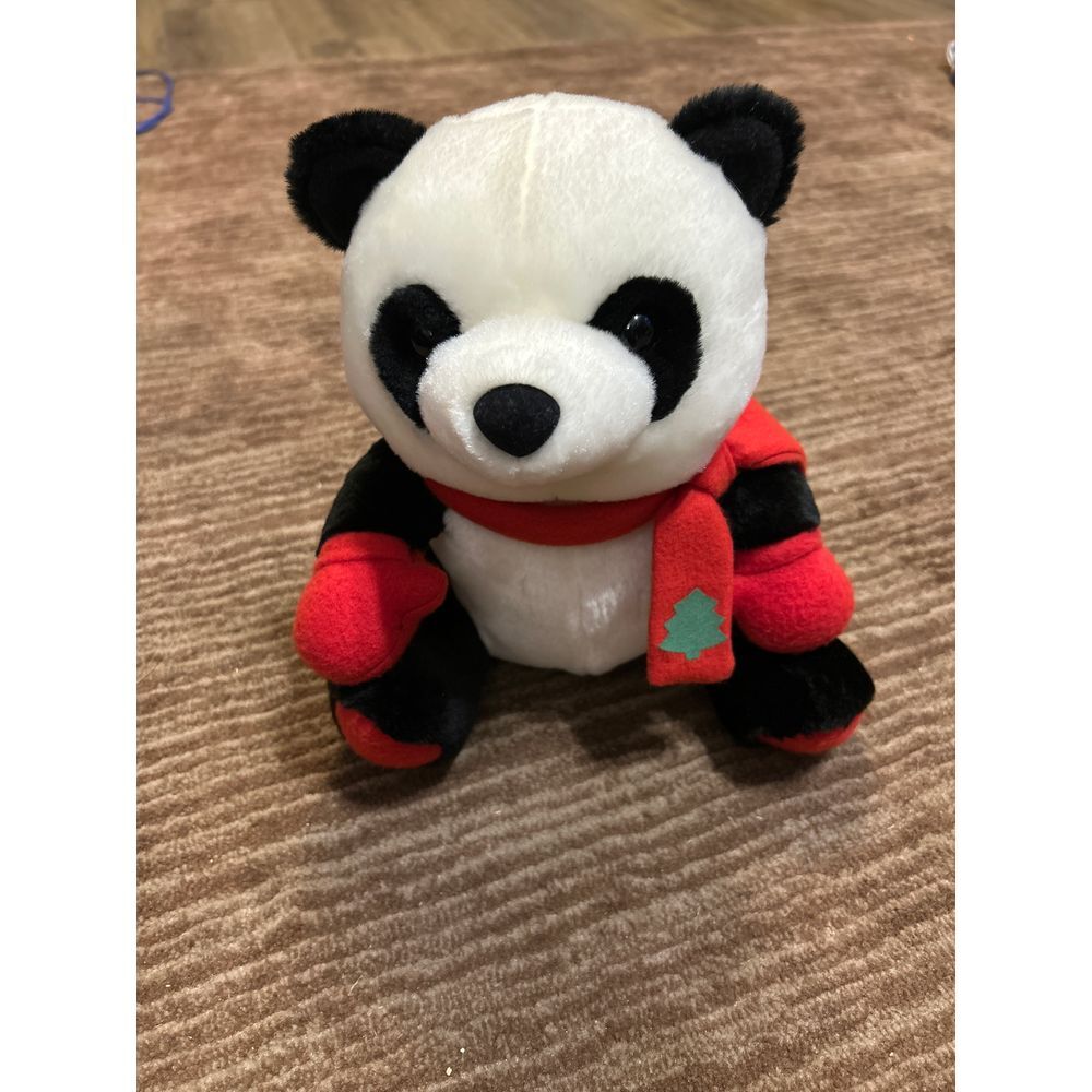 Vintage Hallmark Christmas Panda with Red Scarf and Christmas Tree.
